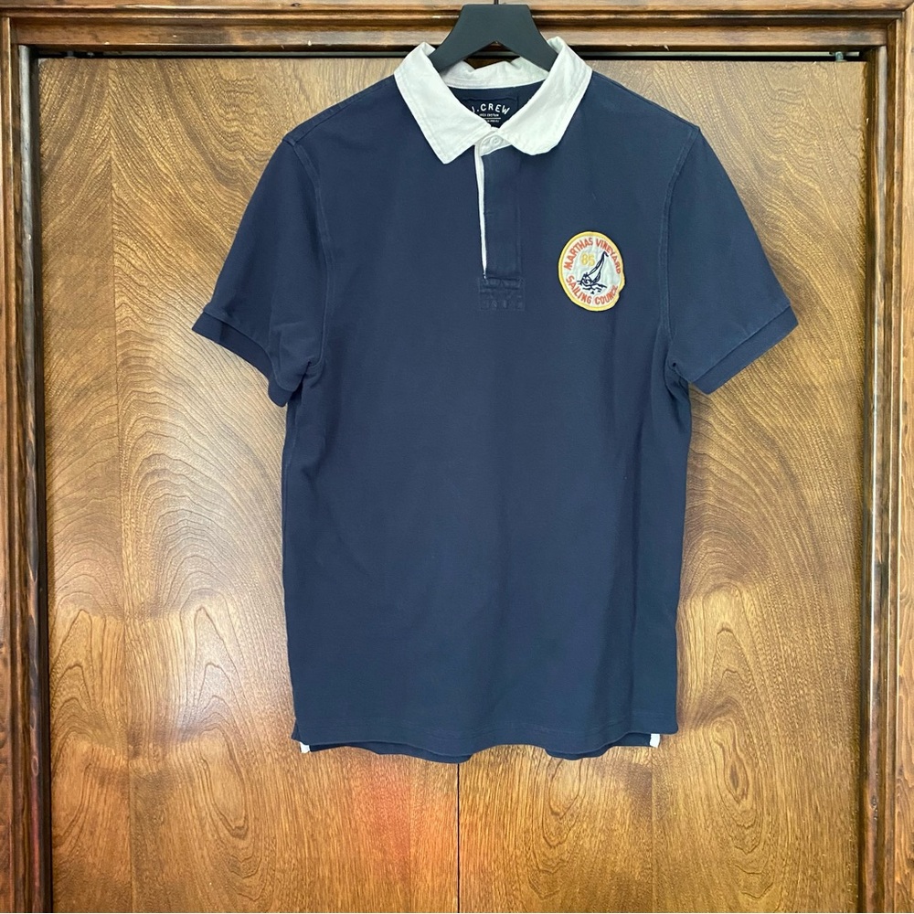 J Crew Large Men’s Polo Martha’s Vineyard Sailing Patch Navy Short Sleeve Cotton